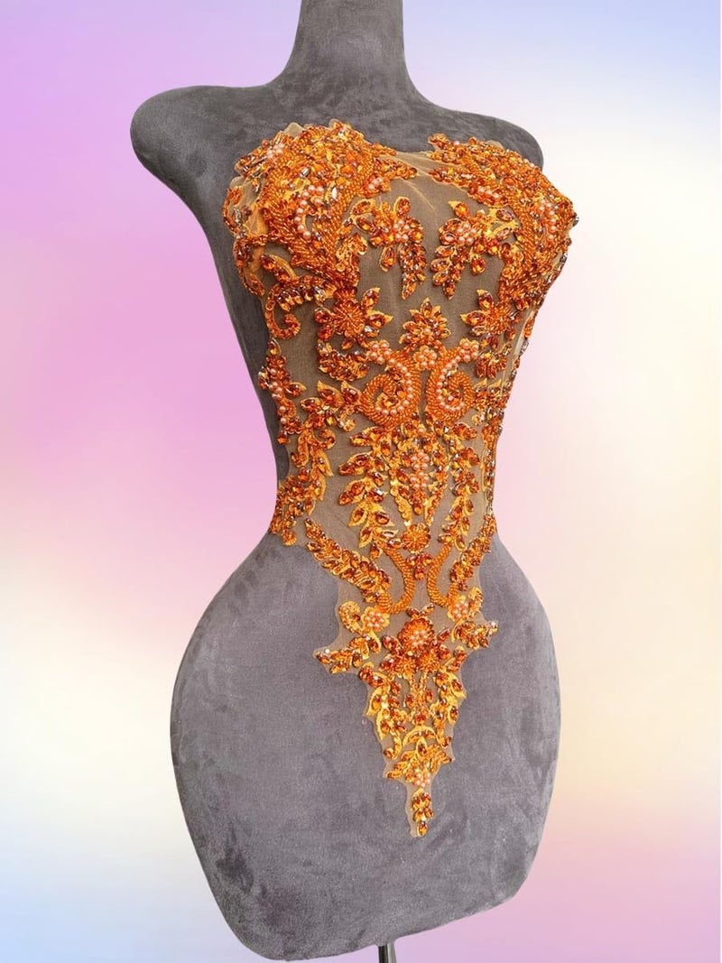 ArtistryXB Handmade Rhinestones Lace Bodice Applique Sew on Beads Sequins Trimming Patches for Dress Clothing Accessories 1Pcs/Bag (Orange) - Image 5
